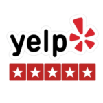 The Yelp logo in black text with a red starburst icon, positioned above five red squares, each containing a white star.