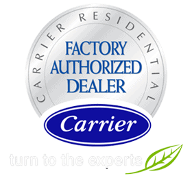 Carrier Residential Factory Authorized Dealer logo featuring blue text on a metallic seal, with a green leaf icon.