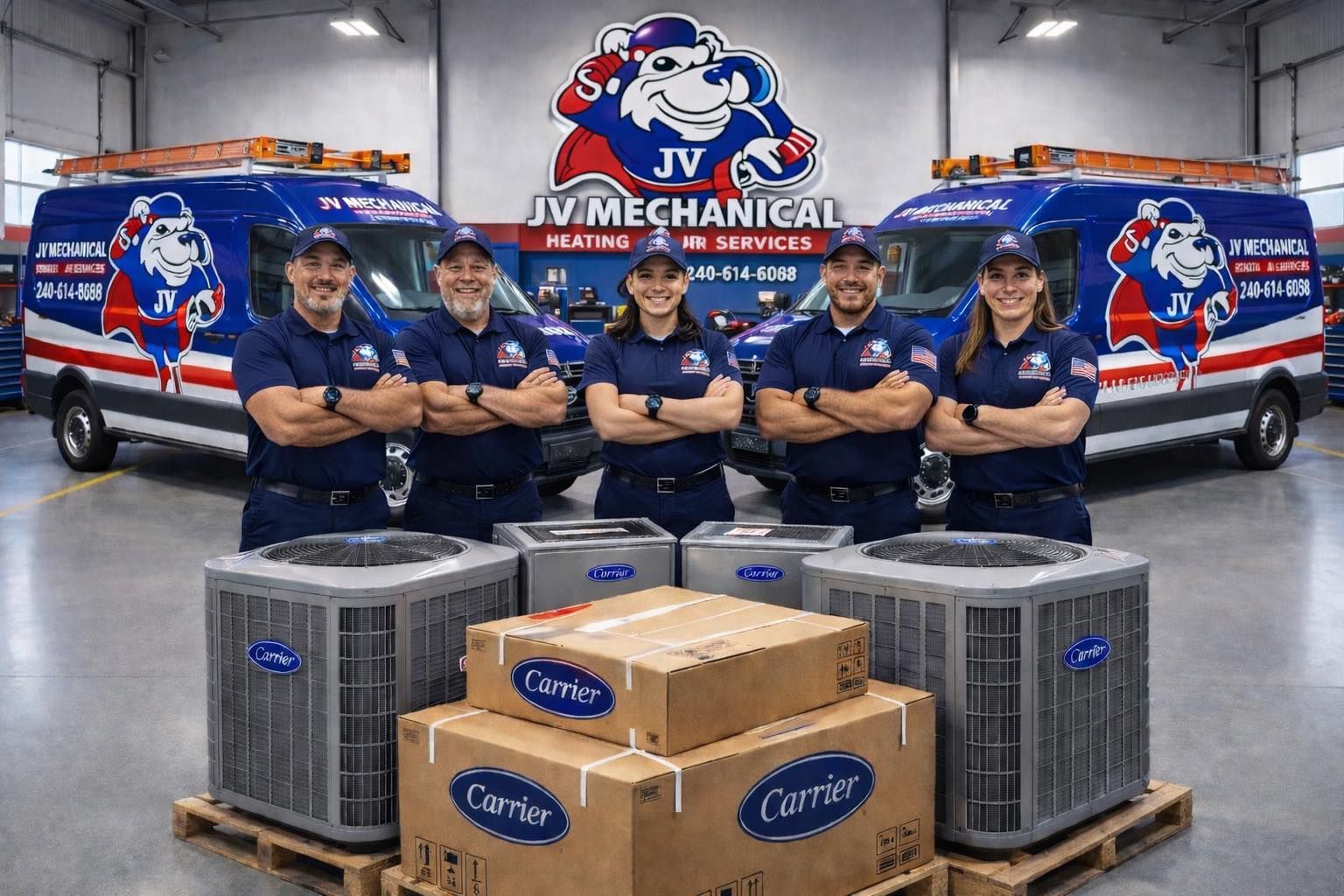 Five technicians in matching navy uniforms stand with arms crossed in front of two JV Mechanical vans and Carrier units.