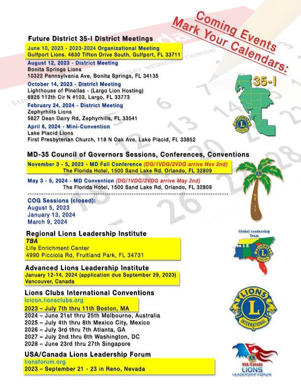 A poster with a palm tree and the words coming events mark your calendars