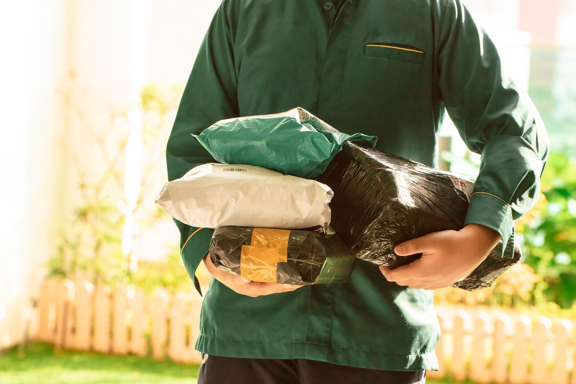 A man in a green jacket is holding a stack of packages.