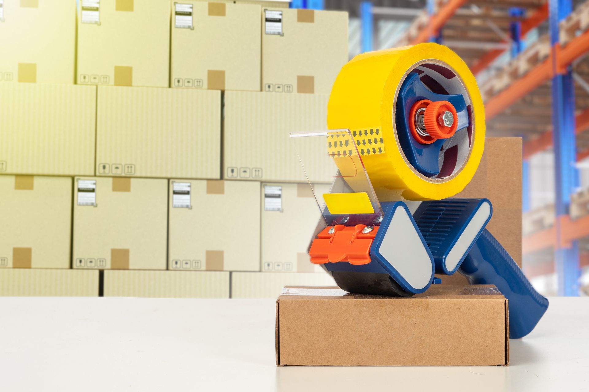 A tape dispenser is sitting on top of a cardboard box in a warehouse.
