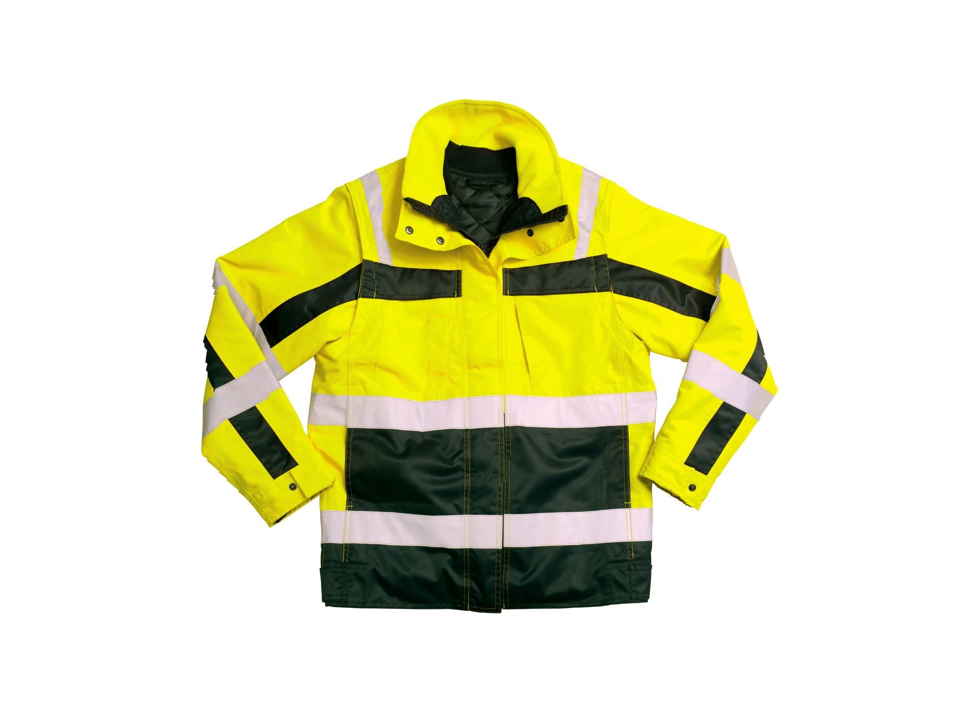 A yellow and black jacket with reflective stripes on the sleeves