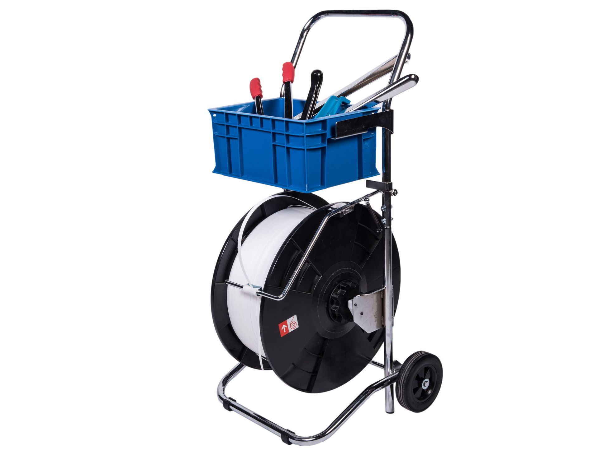 A strapping cart with a roll of white strapping, blue storage bin with tools, and wheels.