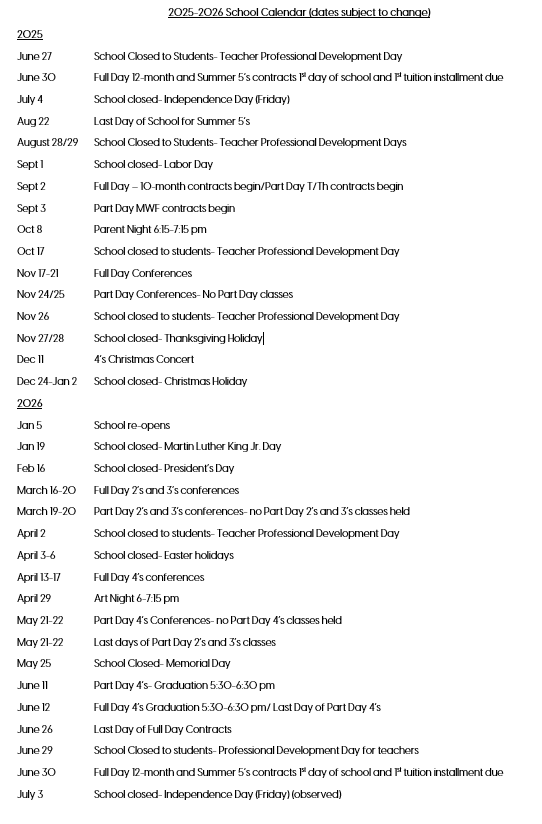 2025-2026 school calendar listing school closures and teacher development days. Dates are listed with a description of the event.