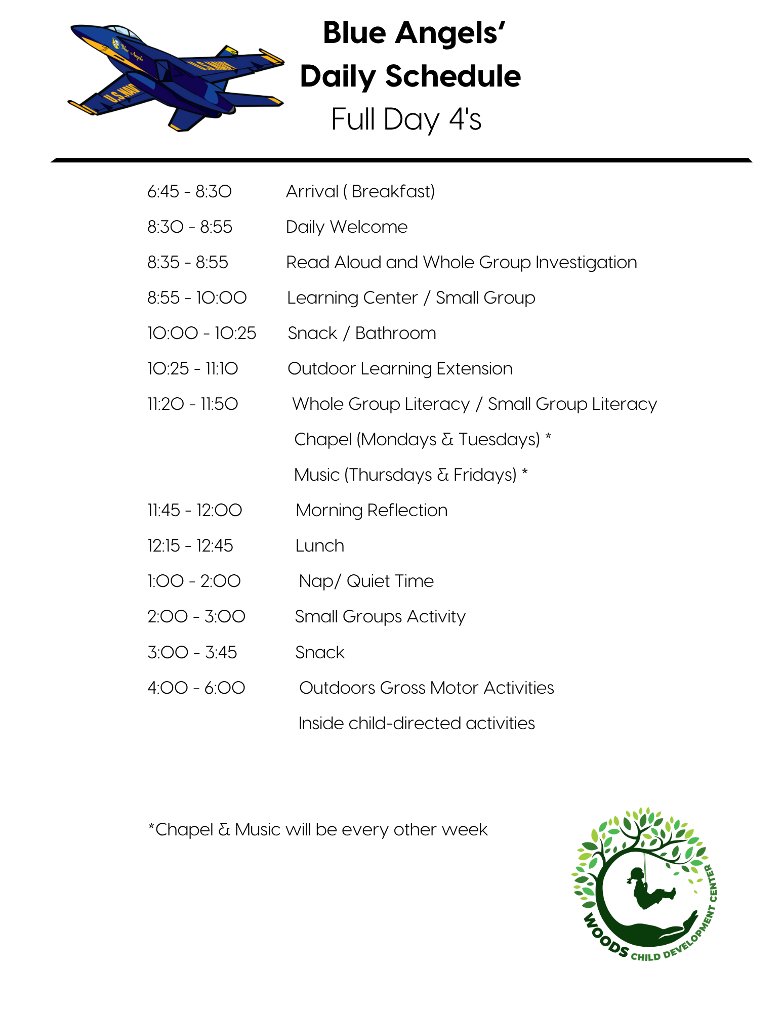 Blue Angels daily schedule with a blue plane graphic. Activities include arrival, circle time, group activities, lunch, and outdoor play.