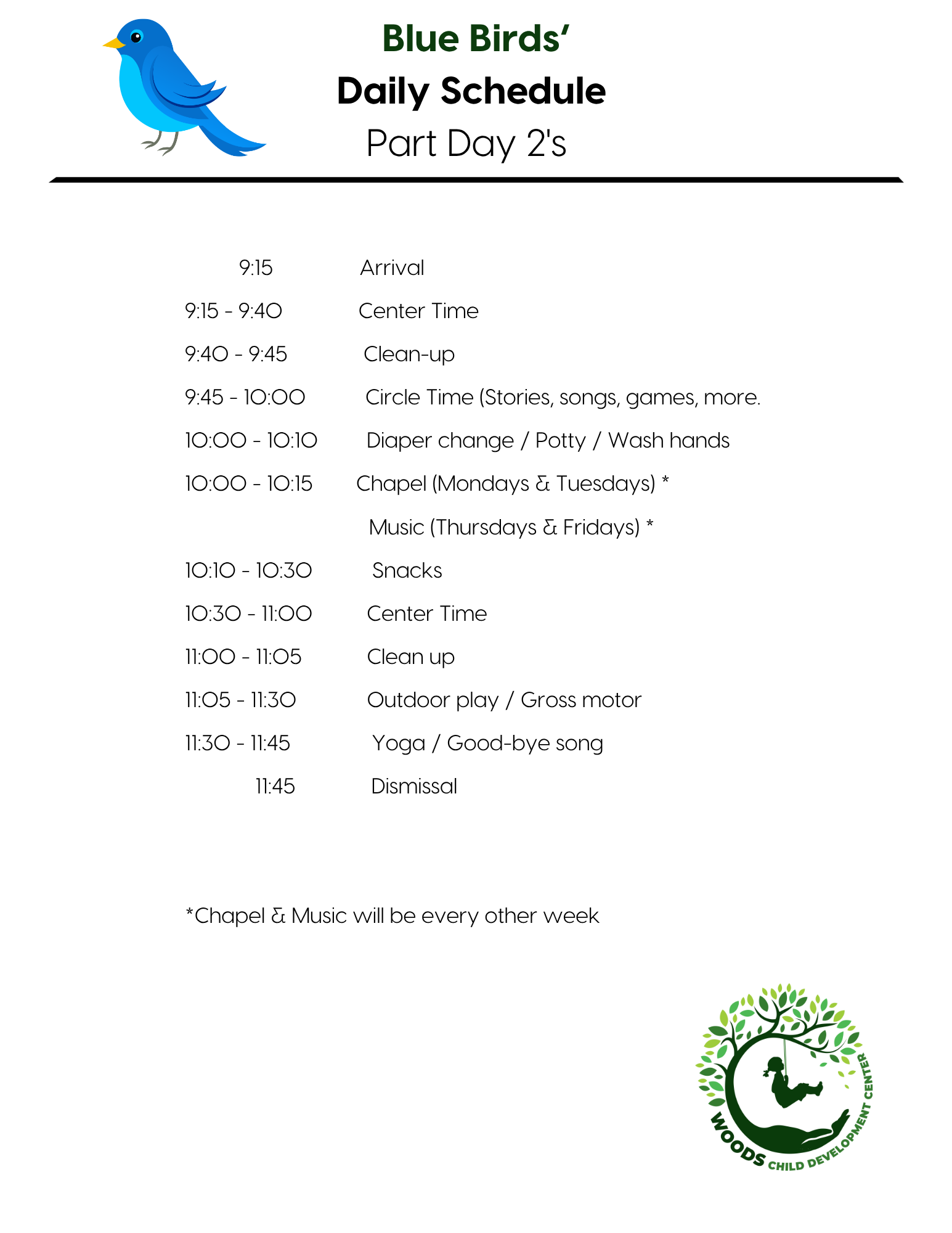 Blue Birds' daily schedule for part day 75, with activities like games, snack time, outdoor play, and circle time. A blue bird graphic is at the top.