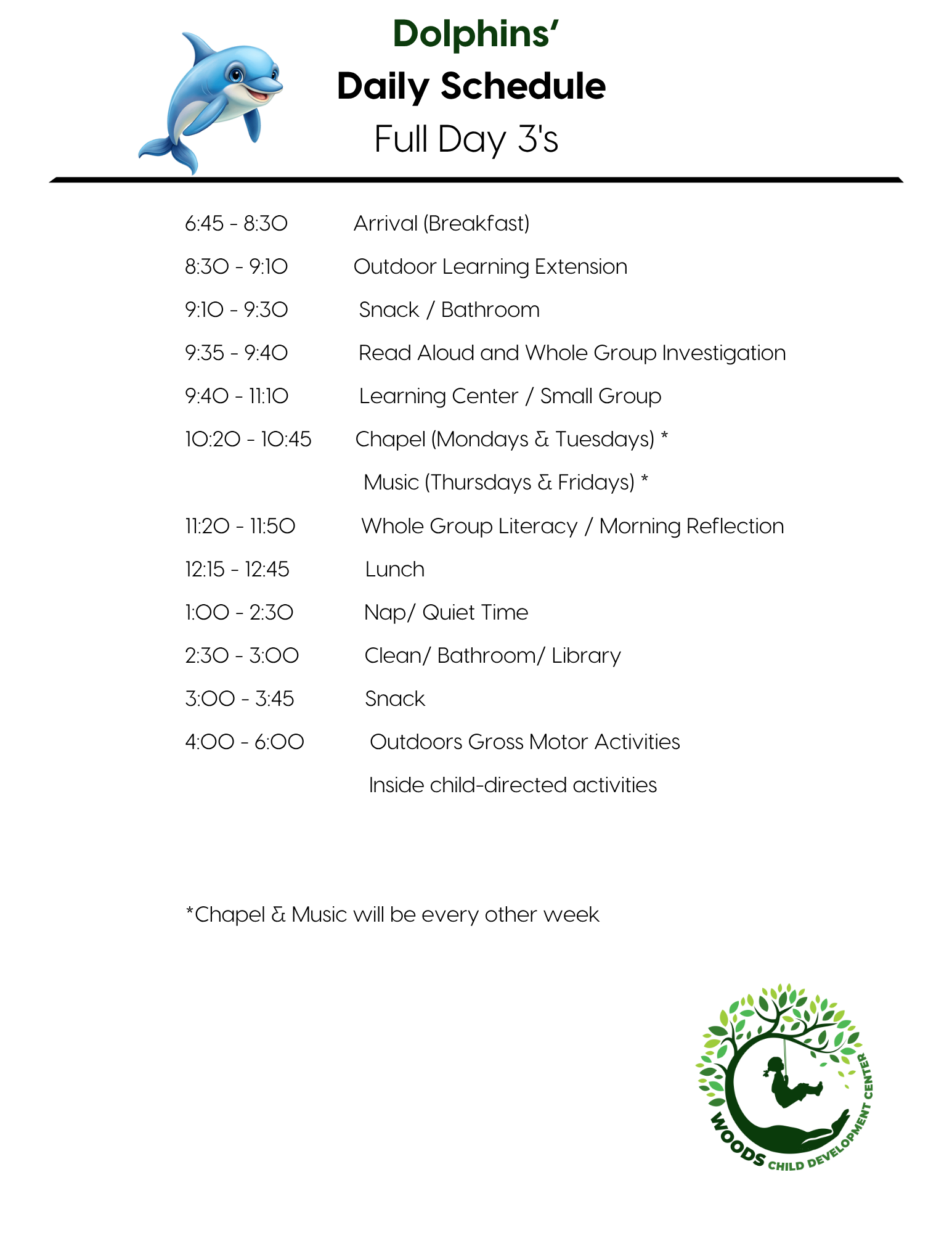 Daily schedule for the Dolphins' full-day 3s program, listing activities like snack time, music, and outdoor water play.
