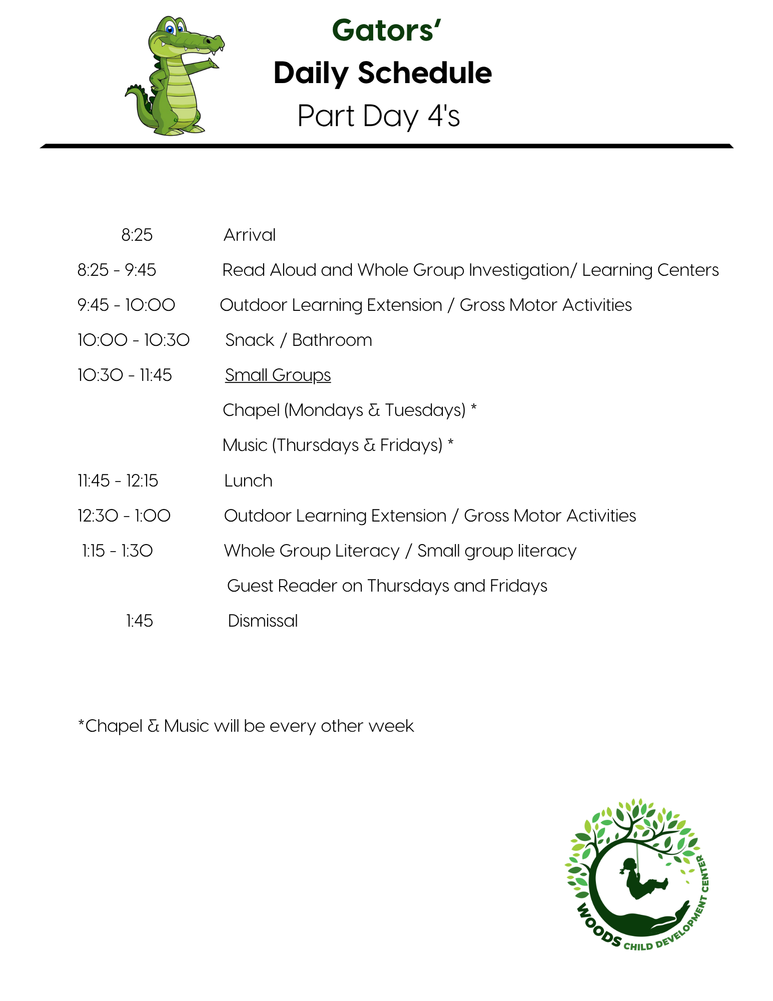 Gators' daily schedule for Part Day 4s, including activities like reading, outdoor learning, chapel, lunch, and gross motor activities.