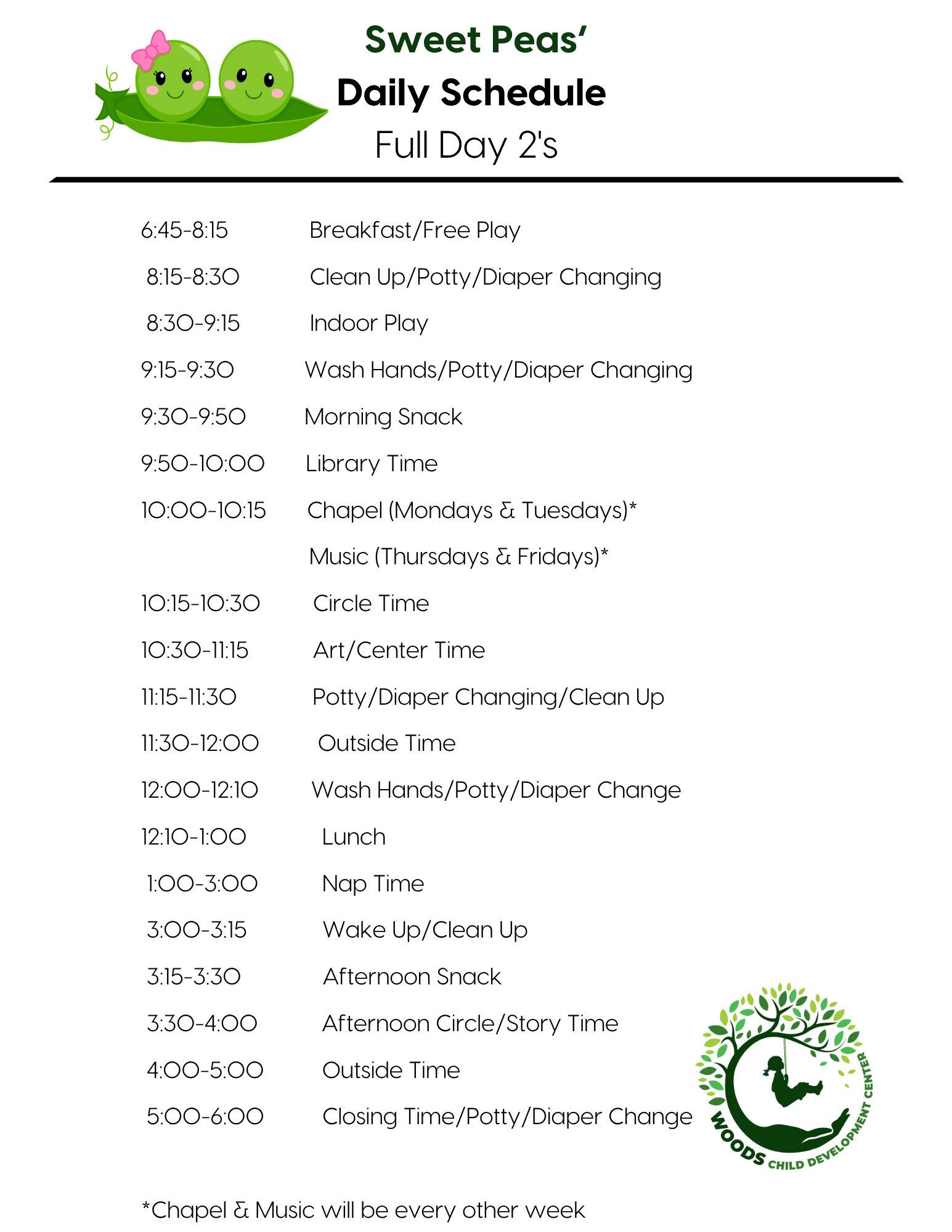 Sweet Peas' daily schedule for a full day of activities for 2-year-olds, including meals, nap time, and art.