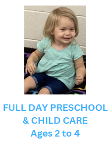 Young child in a teal shirt and denim shorts smiles at the viewer; advertisement for full-day preschool and childcare for ages 2 to 4.