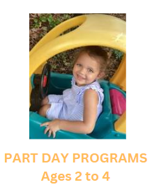 Smiling young girl in a toy car, advertising part-day programs for ages 2-4.