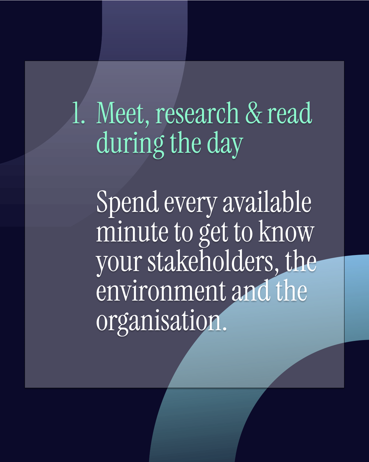 Text on a dark background: "1. Meet, research & rea
