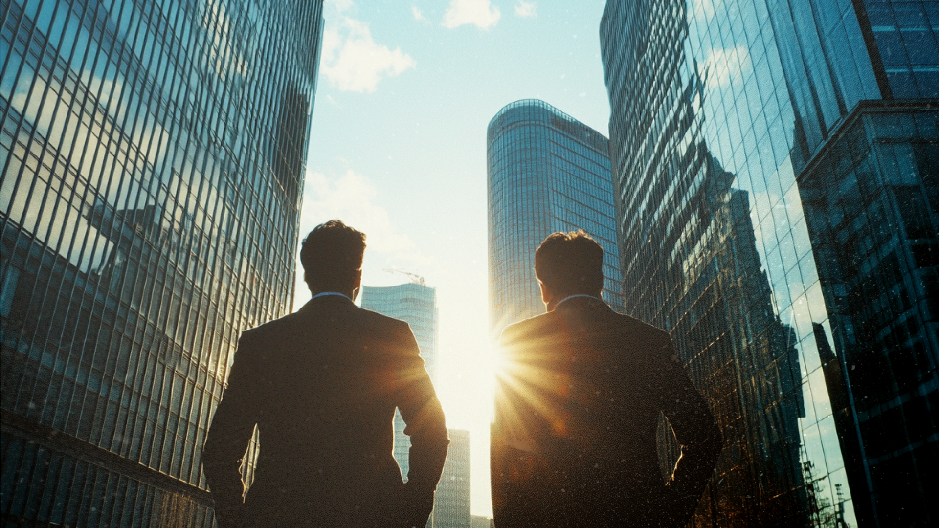 Two people in suits stand between skyscrapers, looking towards the sun.