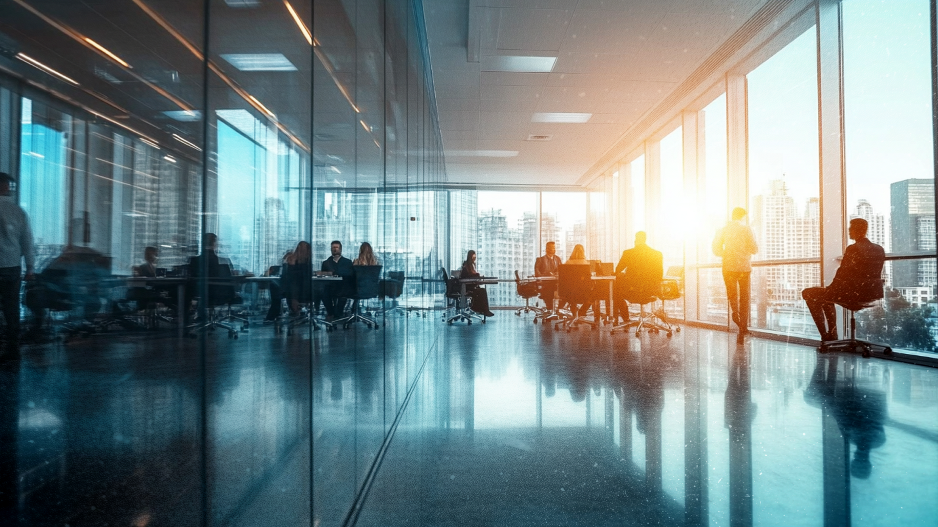 Business people in a modern office with large windows, city view, and bright sunlight.