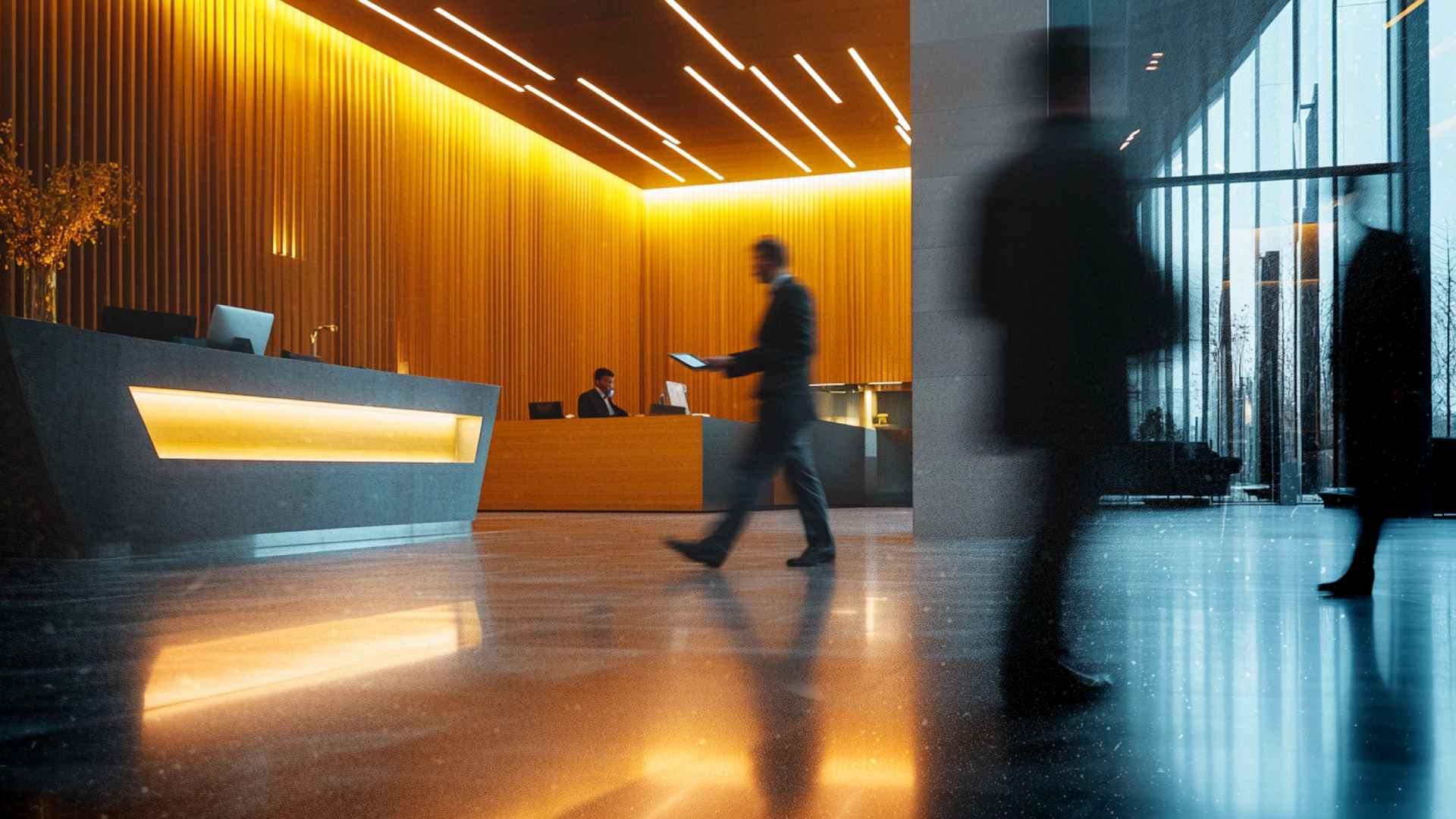 Modern office lobby with people walking; reception desk in view; golden lighting.