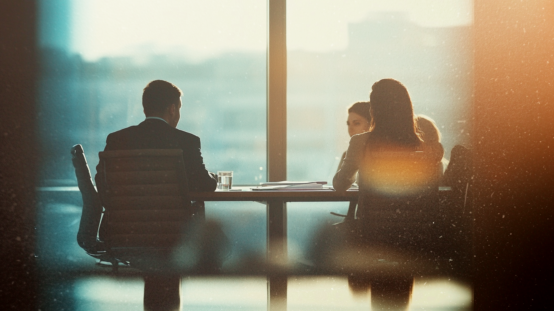 Business meeting in a sunlit room; people seated around a table, one person facing away.