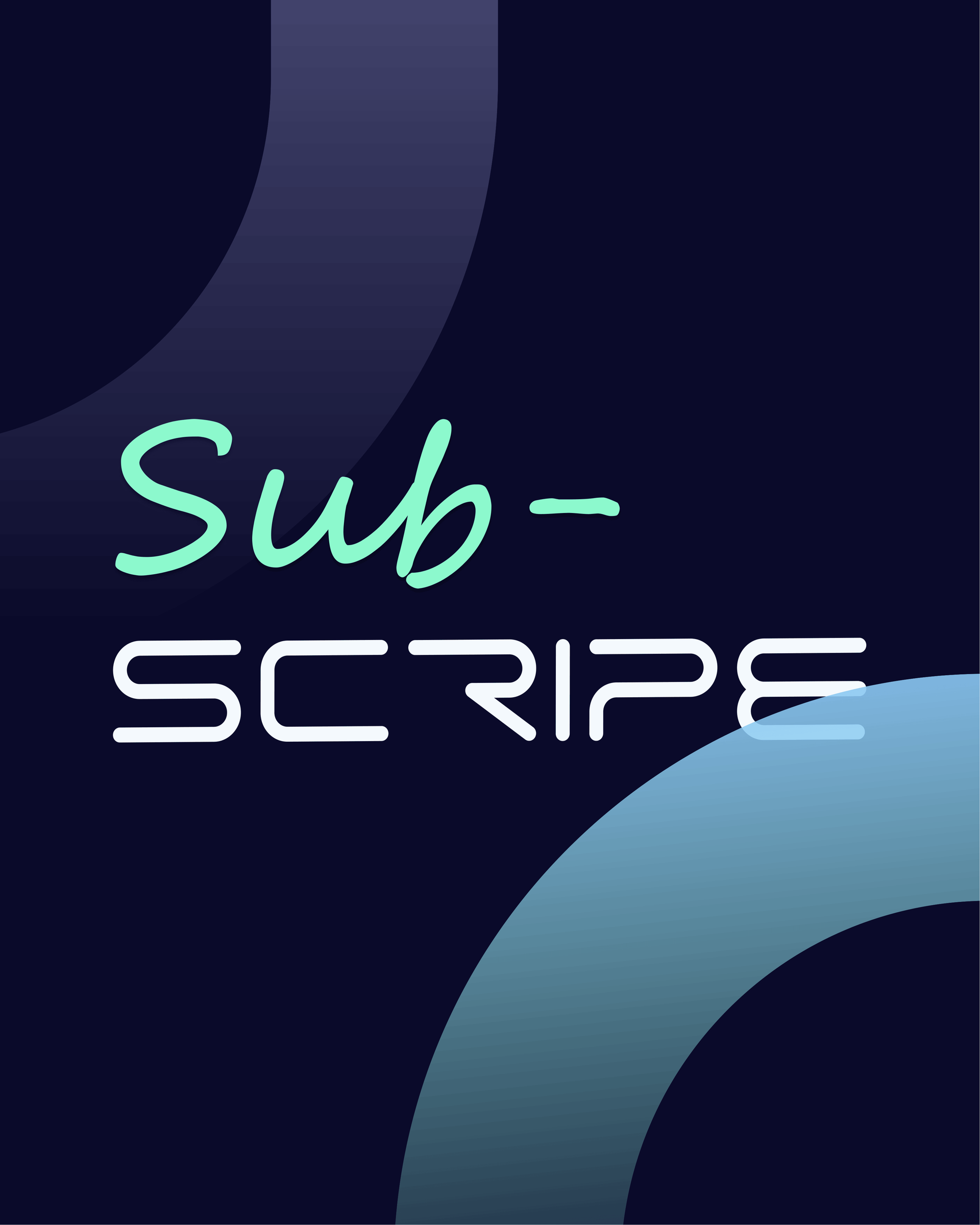 "Sub-SCRIBE" text, teal on blue, with teal semi-circles. Dark blue background.