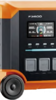 Orange and black portable power station with a display screen and wheels.