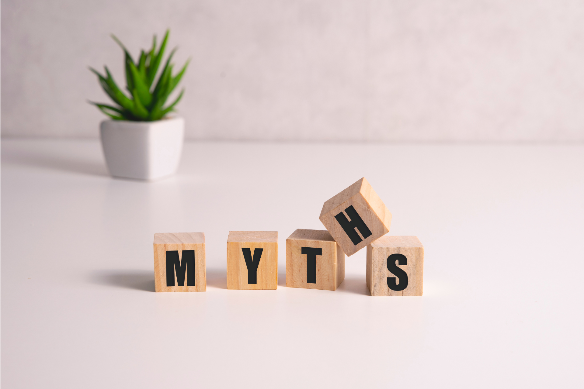 The word myths is written on wooden blocks on a table.