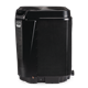 A close up of a black cooler on a white background.