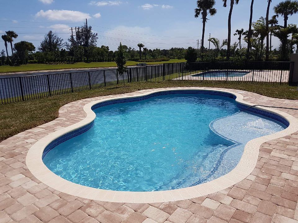 A large swimming pool surrounded by palm trees and a fence