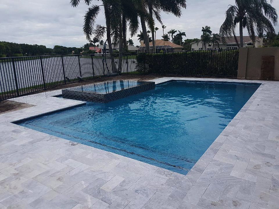 A large swimming pool is surrounded by palm trees and a fence.