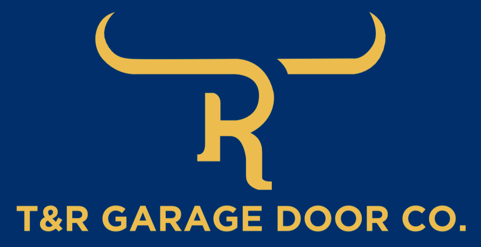 Blue and gold logo for T&R Garage Door Co., featuring a stylized "R" and bull horns.