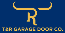Blue and gold logo for T&R Garage Door Co., featuring a stylized "R" and bull horns.