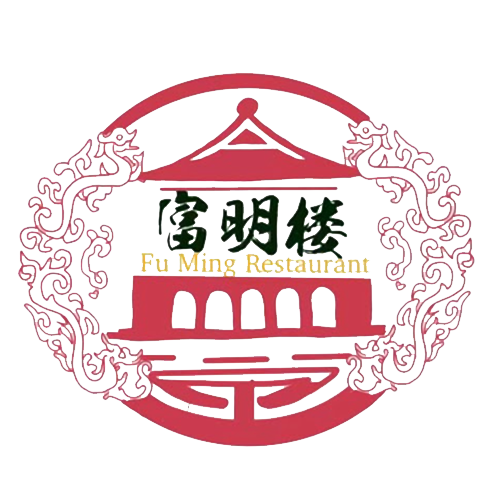 A red and white logo for a restaurant called fu ming restaurant