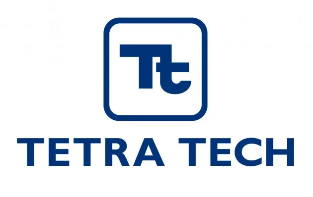 The tetra tech logo is blue and white on a white background.
