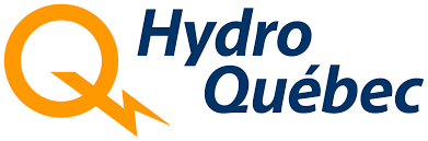 The logo for hydro quebec is blue and orange with a lightning bolt.