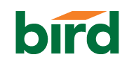 A green and orange bird logo on a white background.