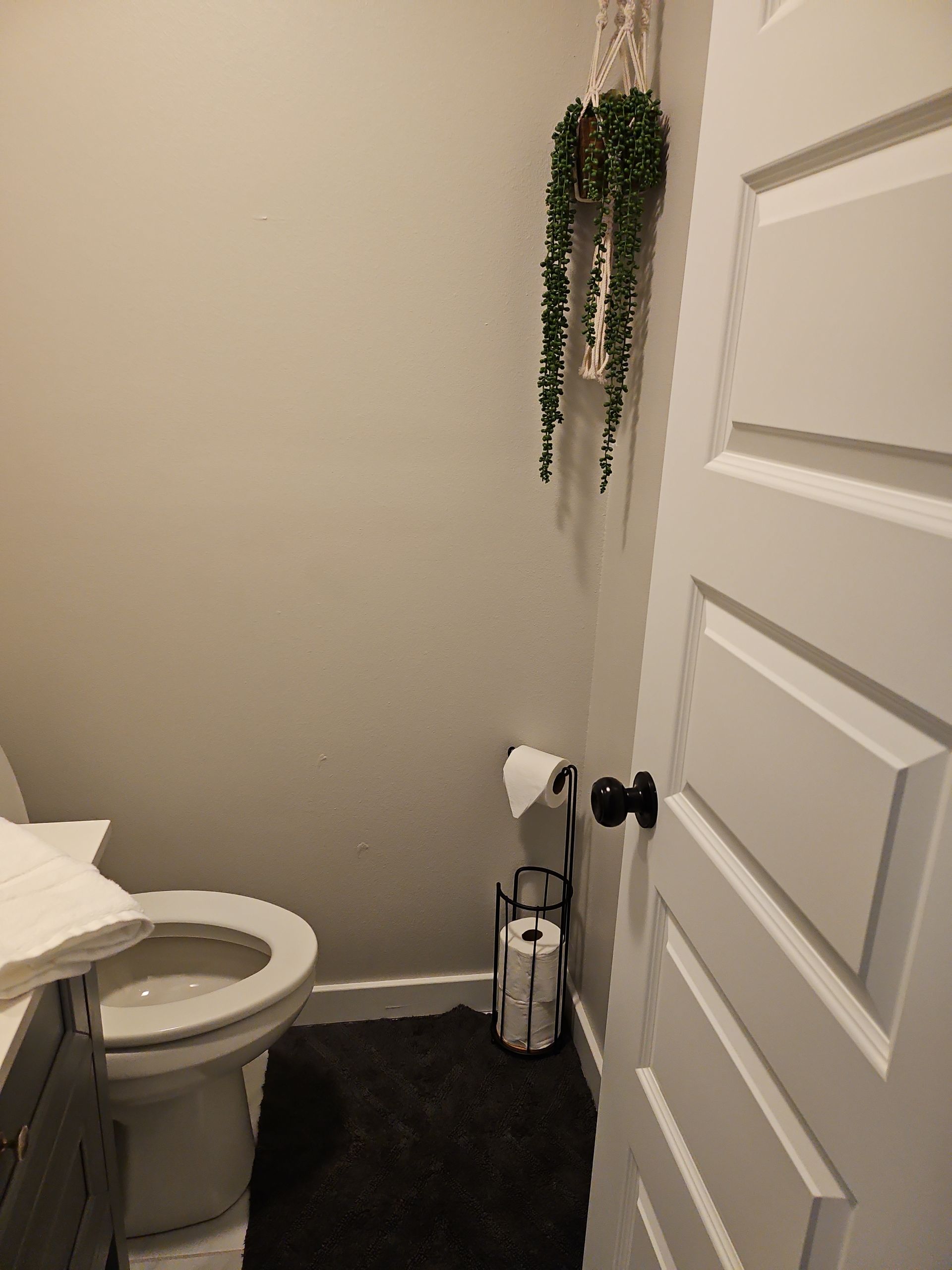 A bathroom with a toilet , sink , and toilet paper.