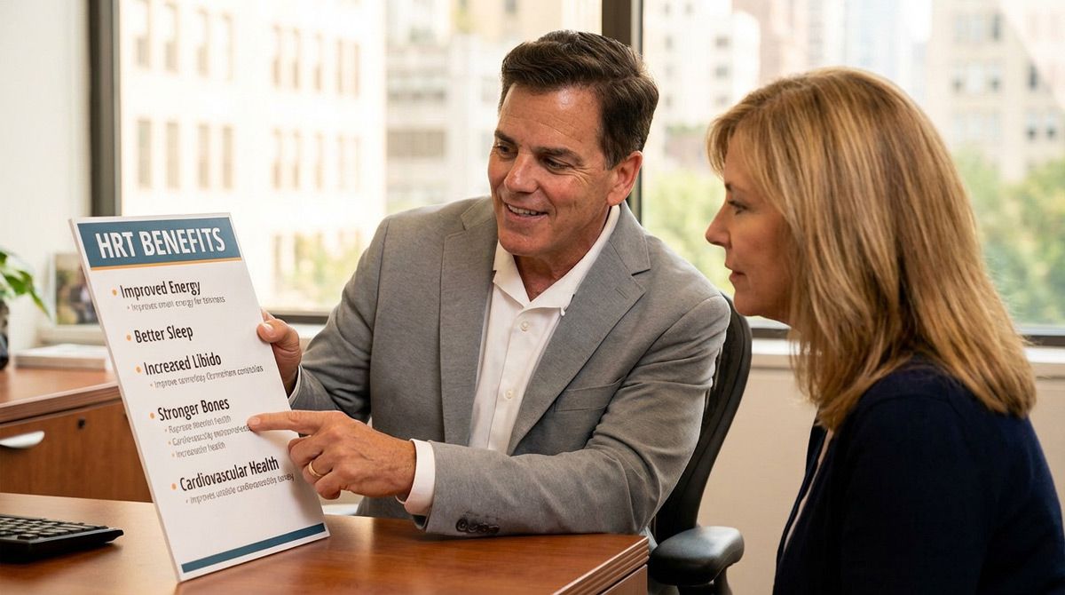 Dr. John Salerno showing a female patient a chart with 10 Things You Didn't Know About Hormone Replacement Therapy