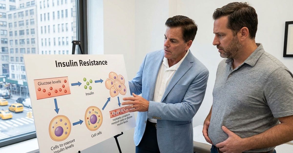 Dr John Salerno is showing a male patient with belly fat an infographic on Insulin Resistance Treatments NYC