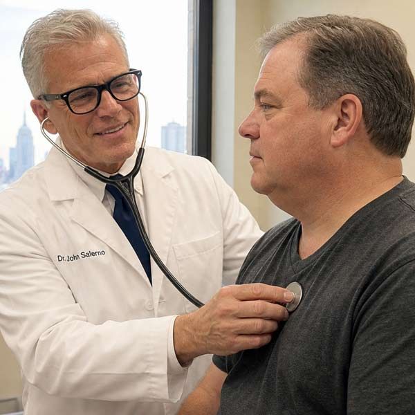 Dr. John Salerno examining a patient for chronic stress with a stethoscope in a bright medical office