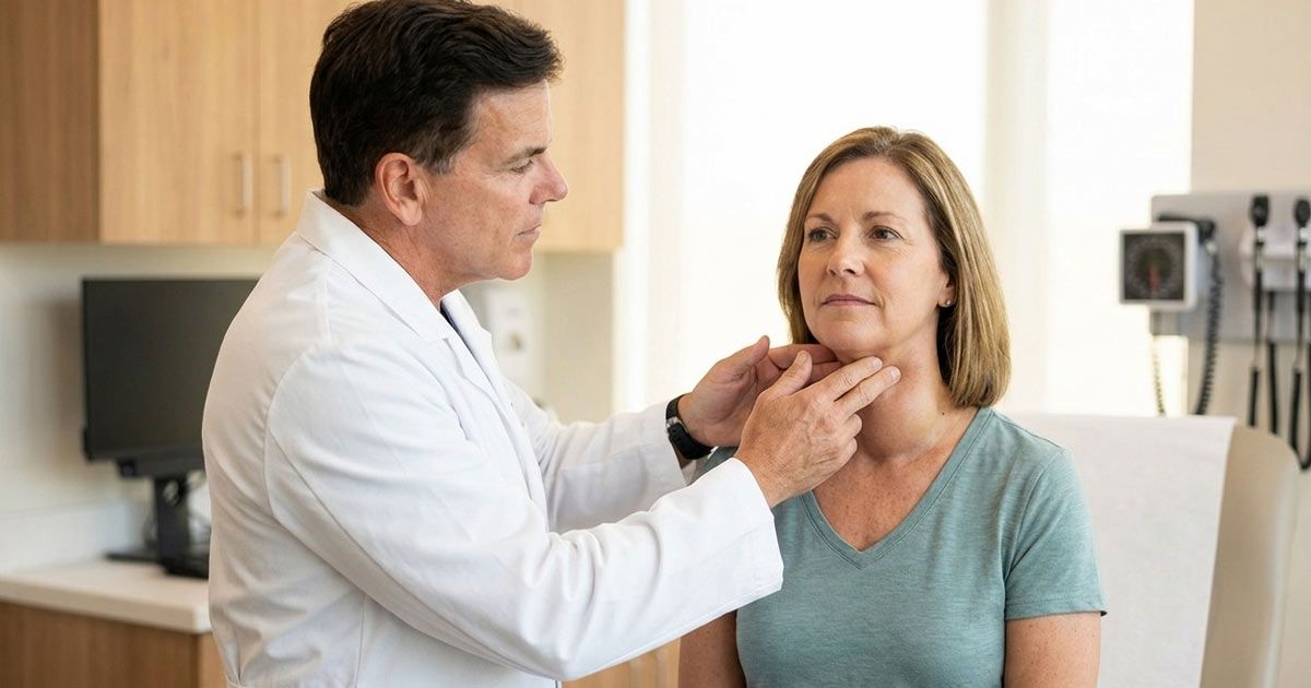 Dr. John Salerno is examining a patient for Goiter Treatments NYC in a medical office; hands on neck, checking thyroid.