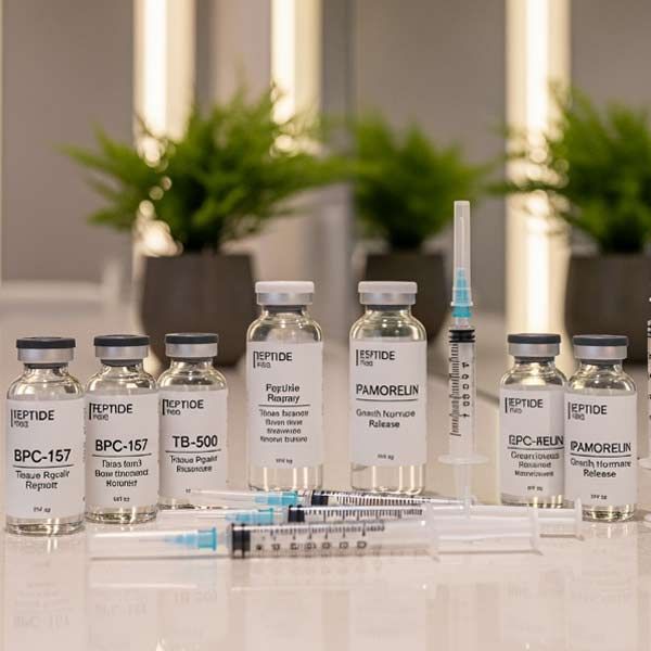 Assorted clinical peptide therapy vials, syringes, and ampoules arranged on a counter in a clinic setting