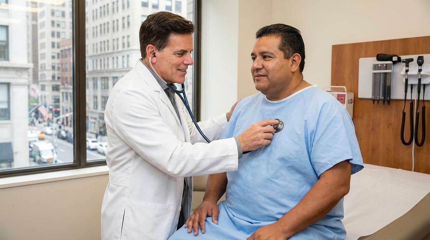 Dr. John Salerno is examining a patient during a holistic physical before the patient starts a 30-Day Spring Reset