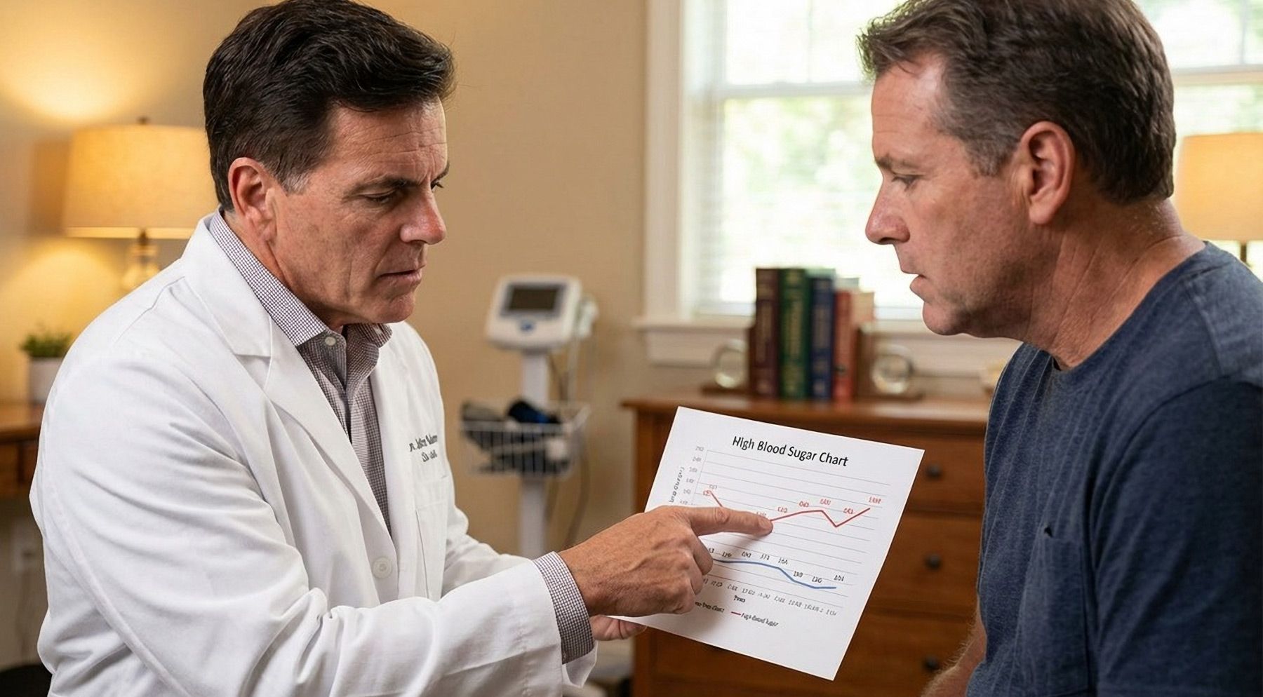 Dr. John Salerno is showing a male patient his high blood sugar history