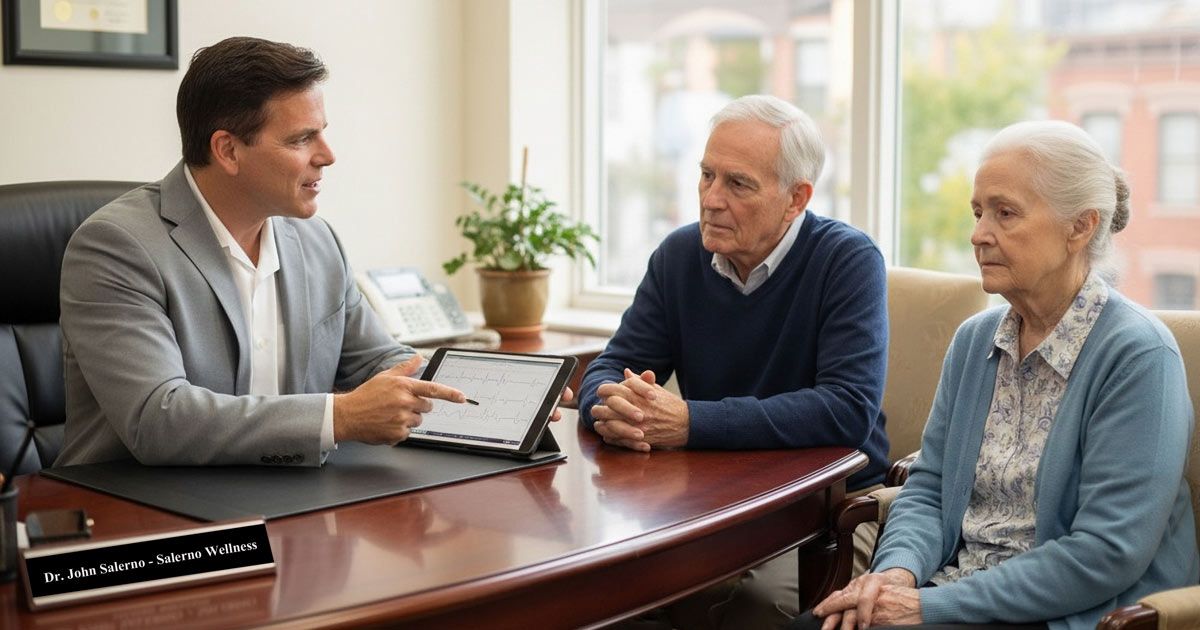 Dr.John Salern reviewing Dementia Treatments NYC and CT with a patient's husband.