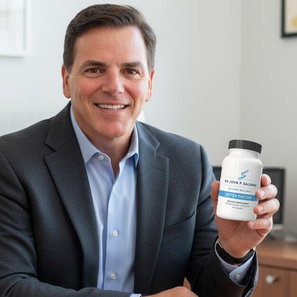 Dr John Salerno Picture with Supplements He Developed from Over Thirty Years of Medical Care Experience