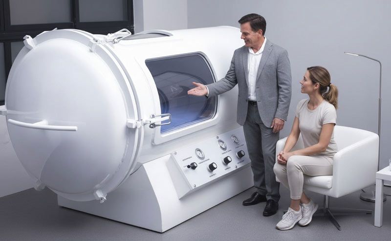 Dr. John Salerno showing a female patient the benefits of HOT therapy