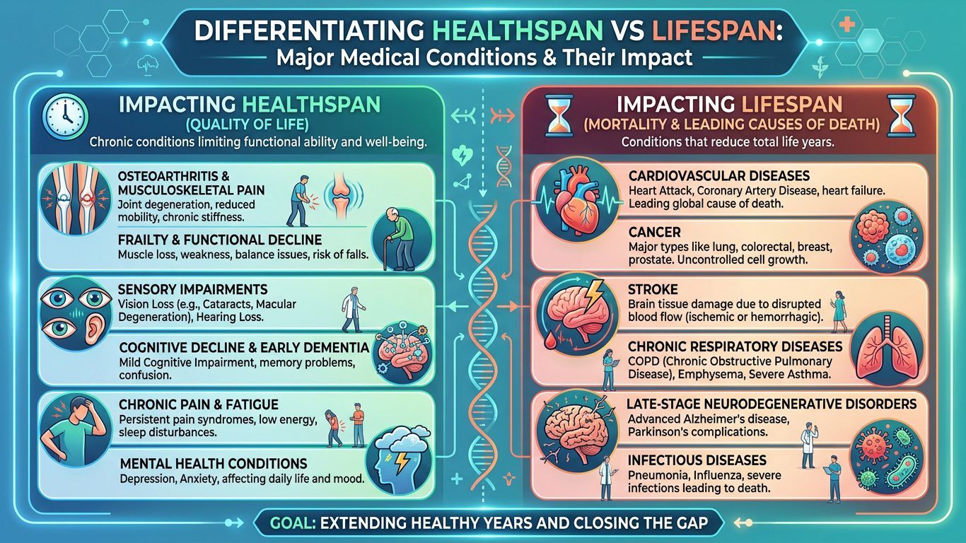 Click to Enlarge A Longevity Medicine Infographic comparing healthspan and lifespan with blue and red panels, diagrams, and bullet points.