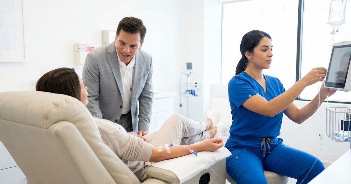 Dr. John Salerno meeting with a patient to discuss her IV Therapy at Salerno Wellness