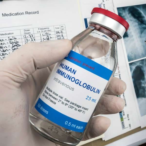 A hand is holding a bottle of human immunoglobulin representing IVIG Therapy