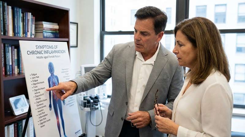 Dr. John Salerno showing a patient a chart from Chronic Inflammation: Why So Many People Feel Sick