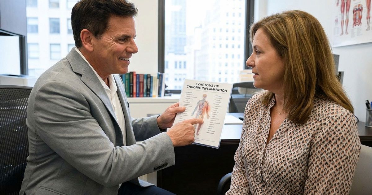 Dr. John Salerno is showing a middle aged female patients a chart of the symptos of chronic inflammation and the need for inflammation treatments NYC