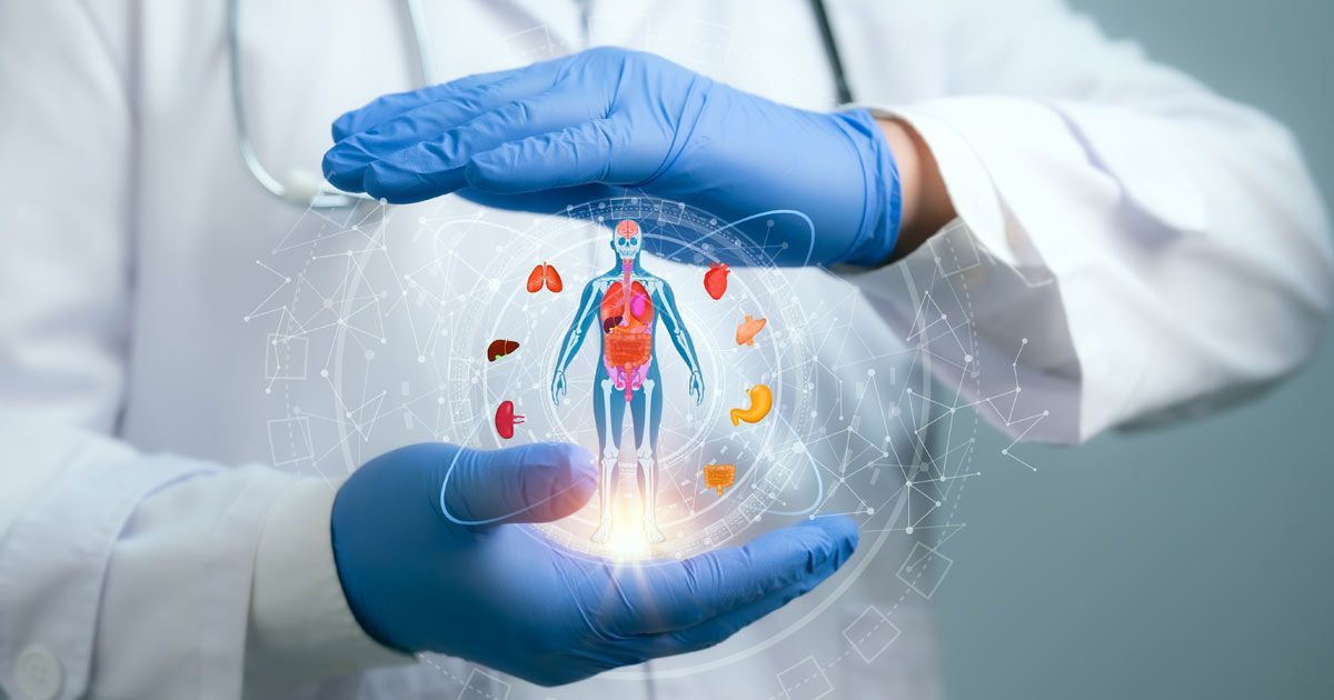 Doctor in blue gloves protecting a human body diagram with internal organs representing Integrative Medicine Doctor NYC - Dr. John Salerno